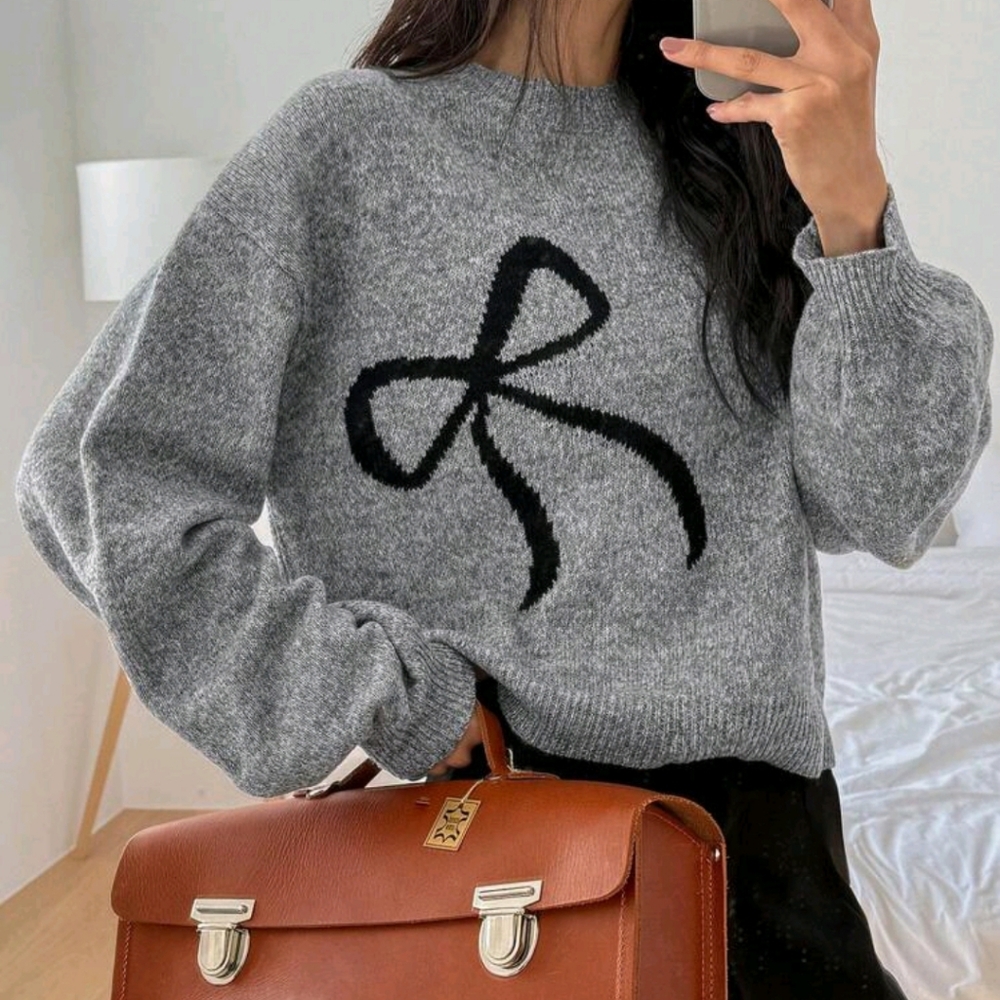 Women Bow Jacquard Pullover Knit Sweater - Picture 2 of 4